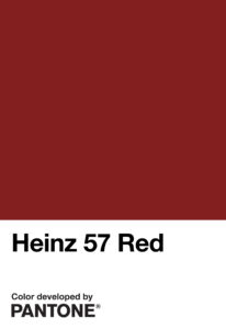 Immagine della chip Pantone "Heinz 57 Red" che rappresenta il colore rosso, con l'aggiunta del nome del colore e la dicitura "Colore developed by PANTONE"